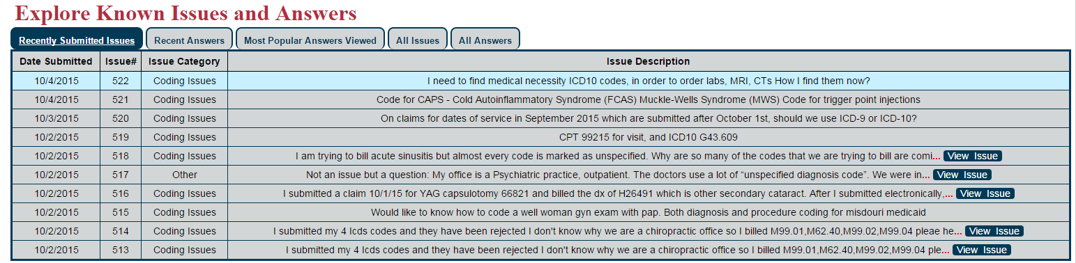 Searchable ICD-10 Issue Reporting Database