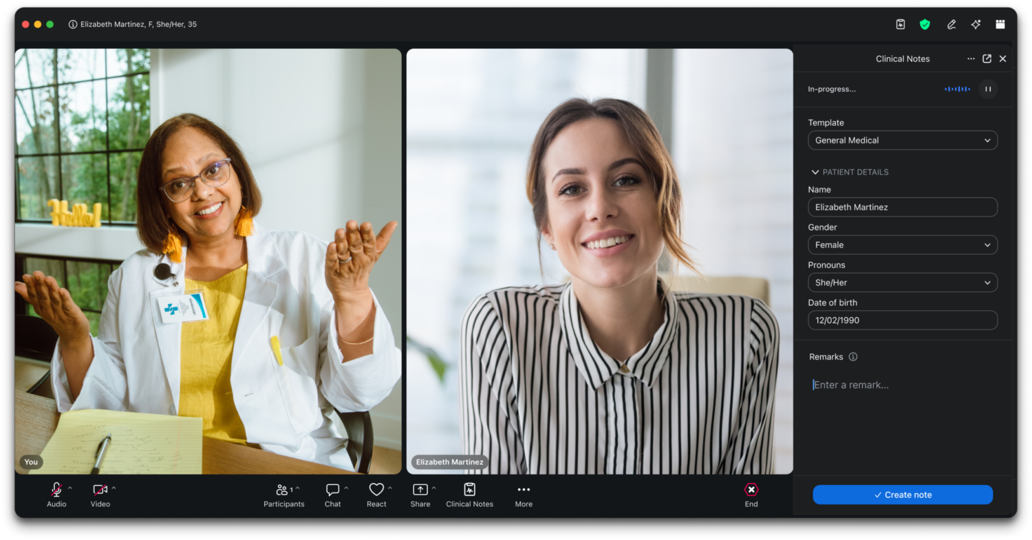 Zoom Clinical Notes, powered by Zoom AI, helps to simplify documentation across in-person, video, and phone visits